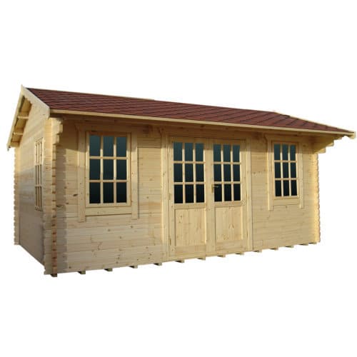 44mm log cabin with double doors. two front windows and apex roof with canopy.