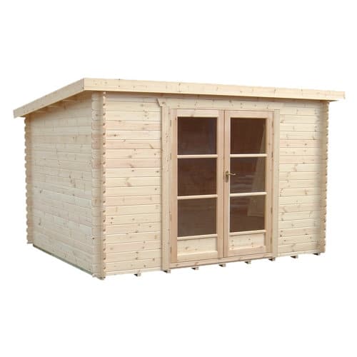 28mm log cabin with double doors and pent roof.