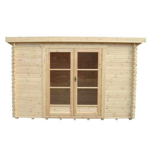 28mm log cabin with double doors and pent roof.