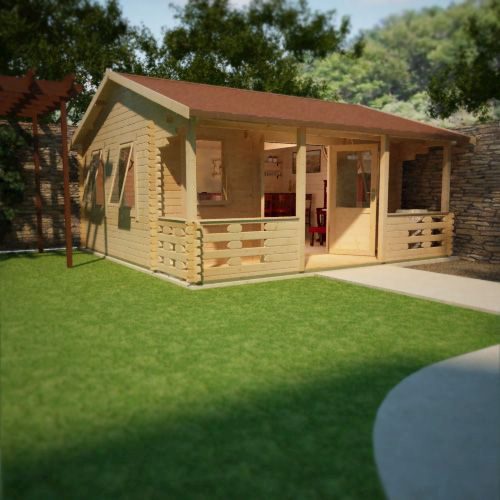 44mm log cabin with open double doors, two front windows, veranda and apex style roof, situated in a garden.