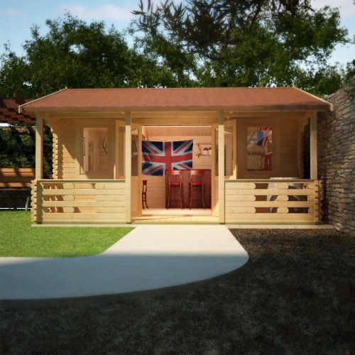 44mm log cabin with open double doors, two front windows, veranda and apex style roof, situated in a garden.