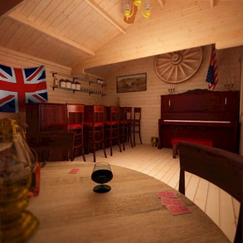 Interior of 44mm log cabin being used as a recreational room, featuring a British flag, piano and games table.