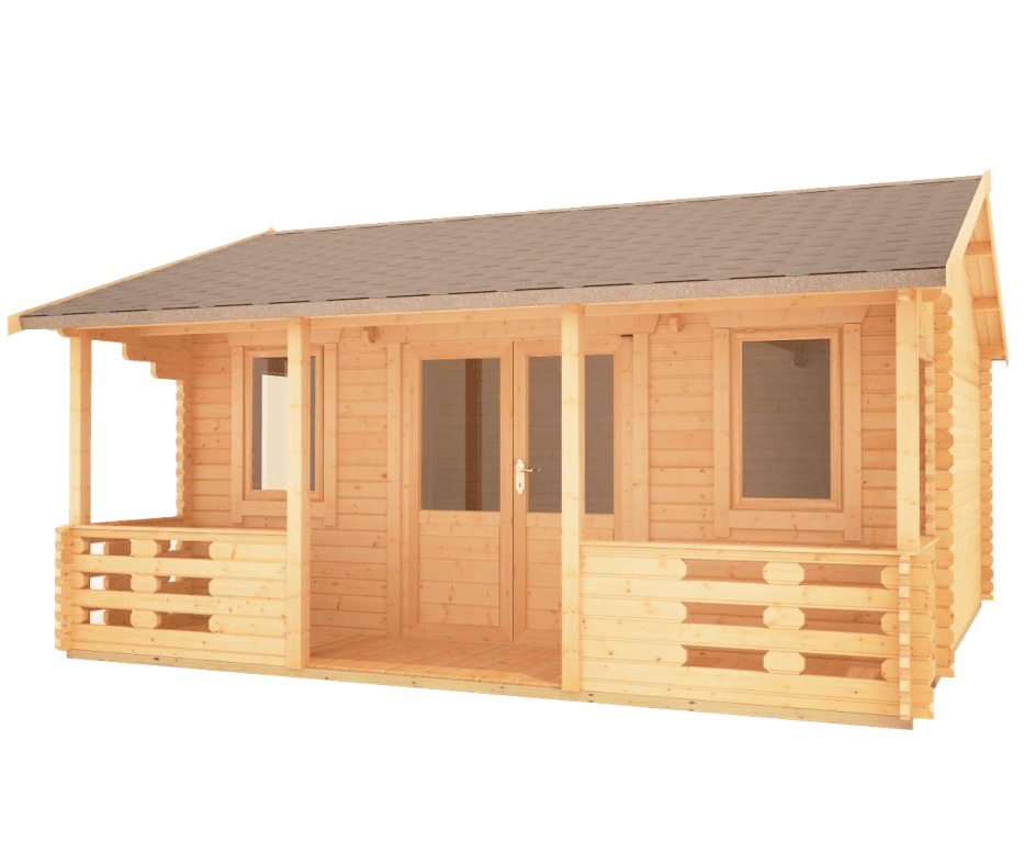 44mm log cabin with double doors, two front windows, veranda and apex style roof.