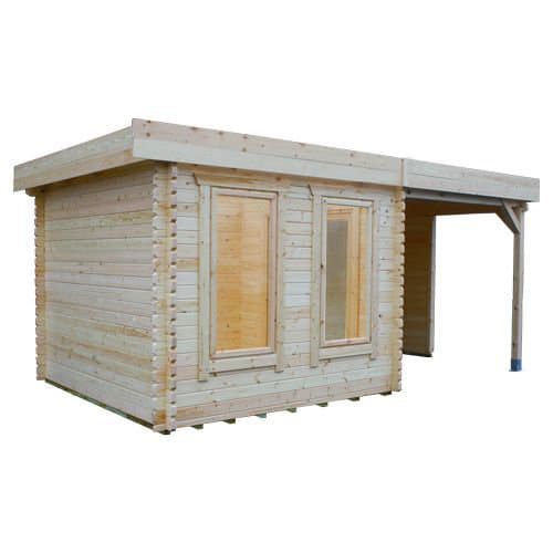 44mm log cabin with two windows, shelter area and pent roof.