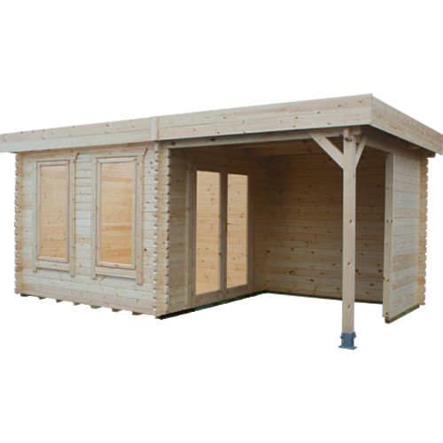 44mm log cabin with double doors and two windows, with shelter area and pent roof.