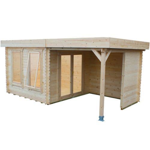 44mm log cabin with double doors and open window, with shelter area and pent roof.