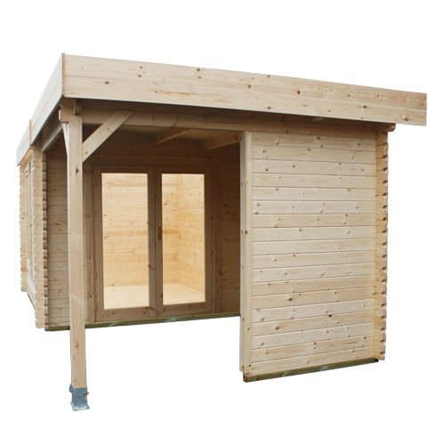 44mm log cabin with double doors, shelter area and pent roof.