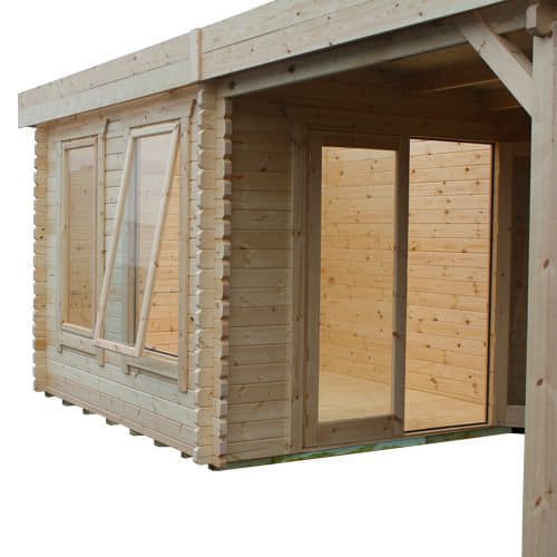 44mm log cabin with open double doors and open window, with shelter area and pent roof.