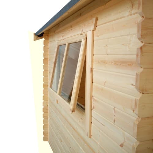 Open window of 28mm log cabin with apex roof.