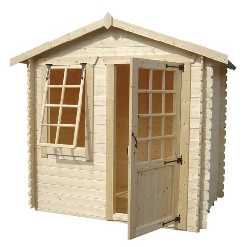 Open single door showing interior of 19mm log cabin, with open window and apex roof.