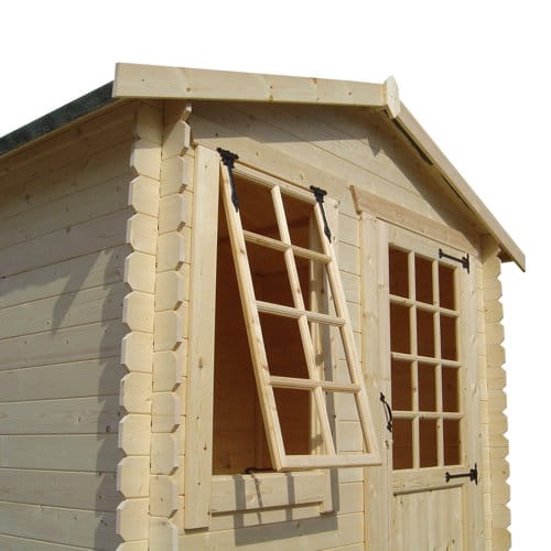 Open Georgian style window in 19mm log cabin, with single door and apex roof.