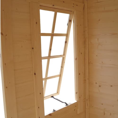 Interior view of open Georgian style window in 19mm log cabin.