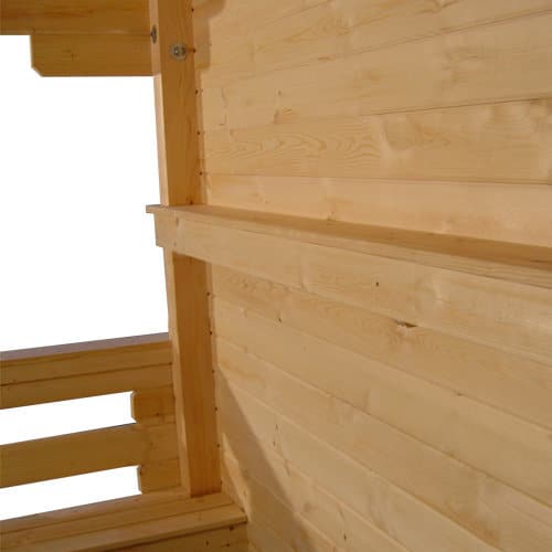 Shelf on back wall of outdoor 44mm timber shelter.