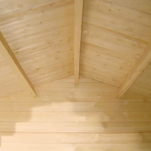 Interior view of roof and walls in 44mm outdoor timber shelter.