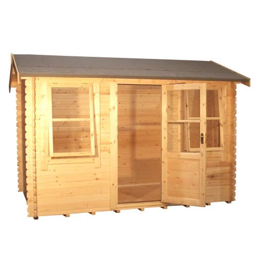 28mm log cabin with open single door, two windows and apex roof.