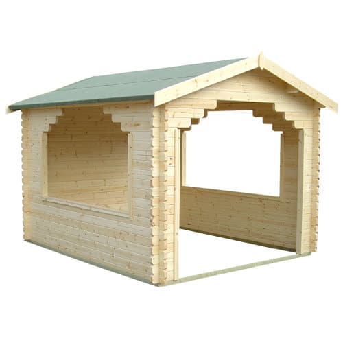 Side view of 44mm cladding log cabin shelter with window and apex roof.