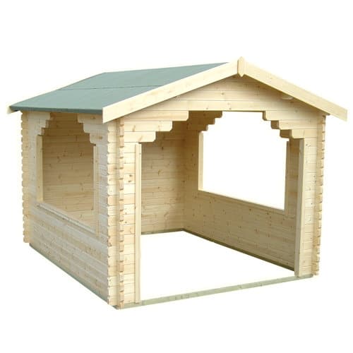 Front view of 44mm cladding log cabin shelter with window and apex roof.