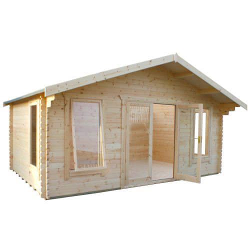Open double doors showing the interior of 44mm log cabin, with two front windows and apex roof.