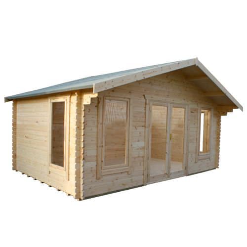 44mm log cabin with double doors, two front windows, one side window and apex roof.