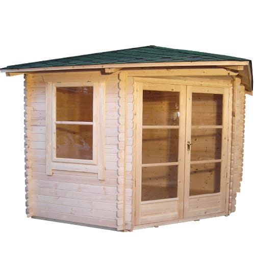 28mm corner log cabin with double doors, a window and hip roof design.