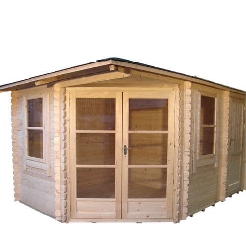 28mm corner log cabin with double doors, two windows, side door and hip roof design.