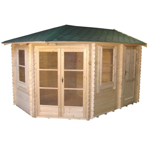 28mm corner log cabin with double doors, two windows, side door and hip roof design.