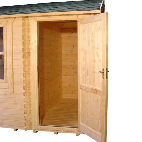 28mm log cabin with single door open and hip roof design.