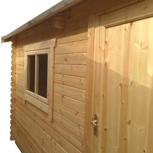 44mm log cabin garage with single door, window and apex roof.