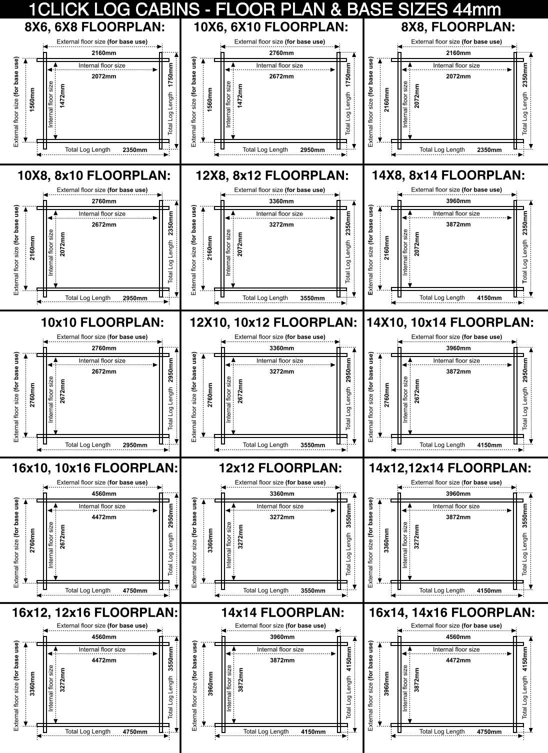 1click_44mm_floor_plans 44mm log cabin floor plans and bases sizes