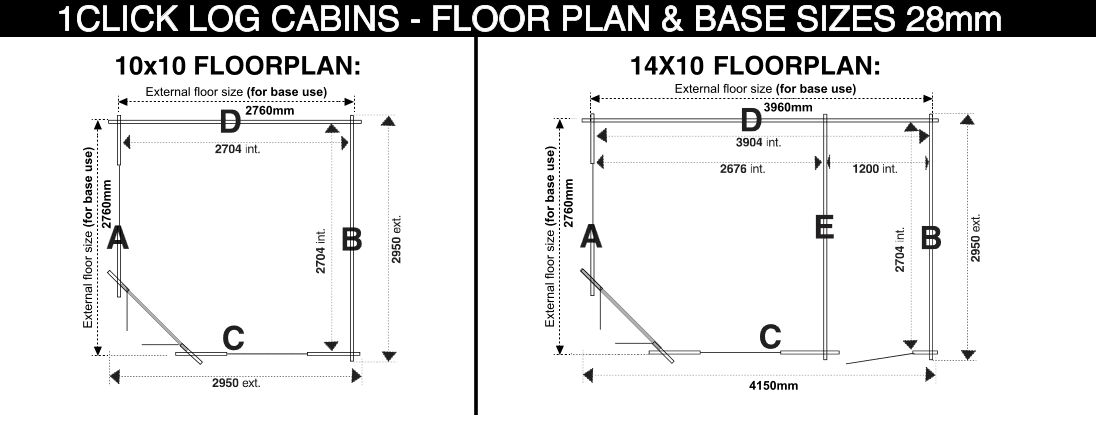 28mm log cabin floor plans - 10x10 and 14x10