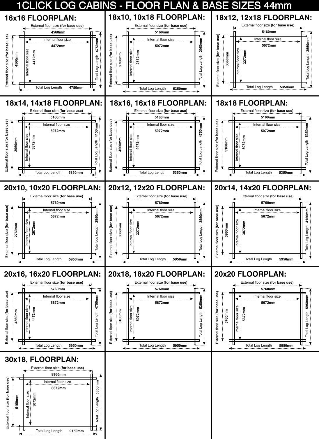 44mm log cabin floor plans and bases sizes