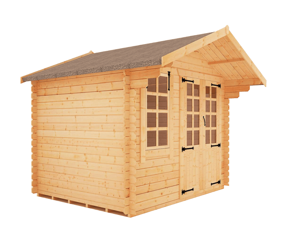 19mm log cabin with double doors, one window at the front, and an apex roof.