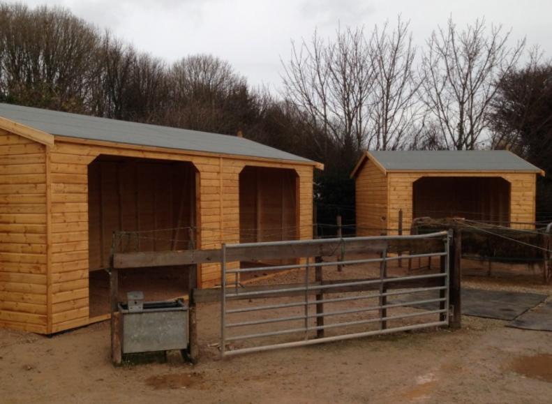Three wooden field shelters with wooden gate and felt apex roof, situated in farm yard.