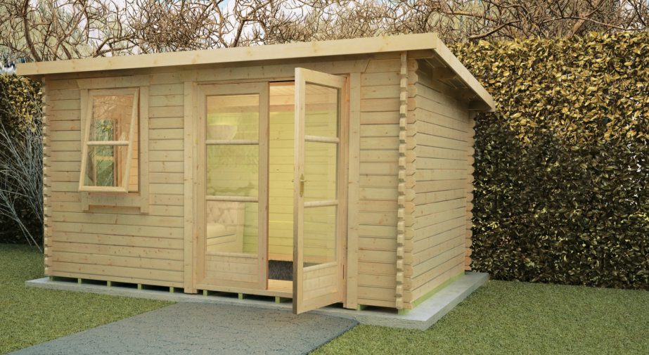 Log cabin with open double doors, open window and pent roof.