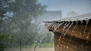 Heavy rain on log cabin roof