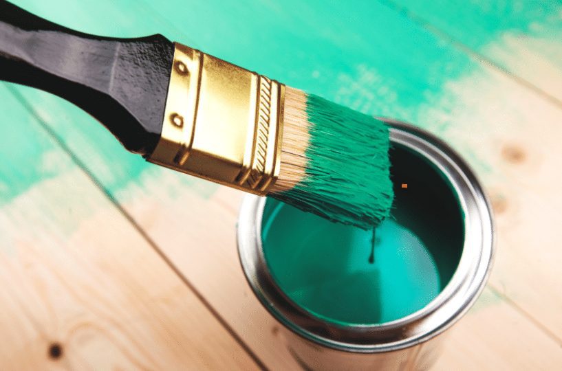 Green Painted Wood, Paint Tub & Paint Brush